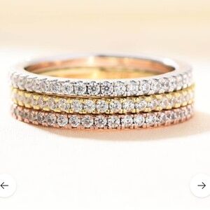3pc eternity ring set in white, yellow & rose gold w simulated diamonds
